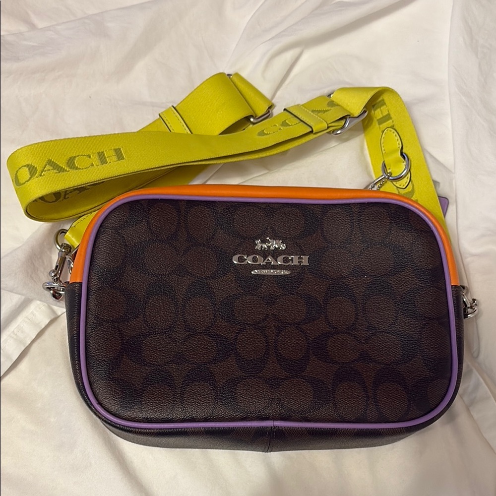 Coach Brown Bag with Yellow Strap and Purple Trim